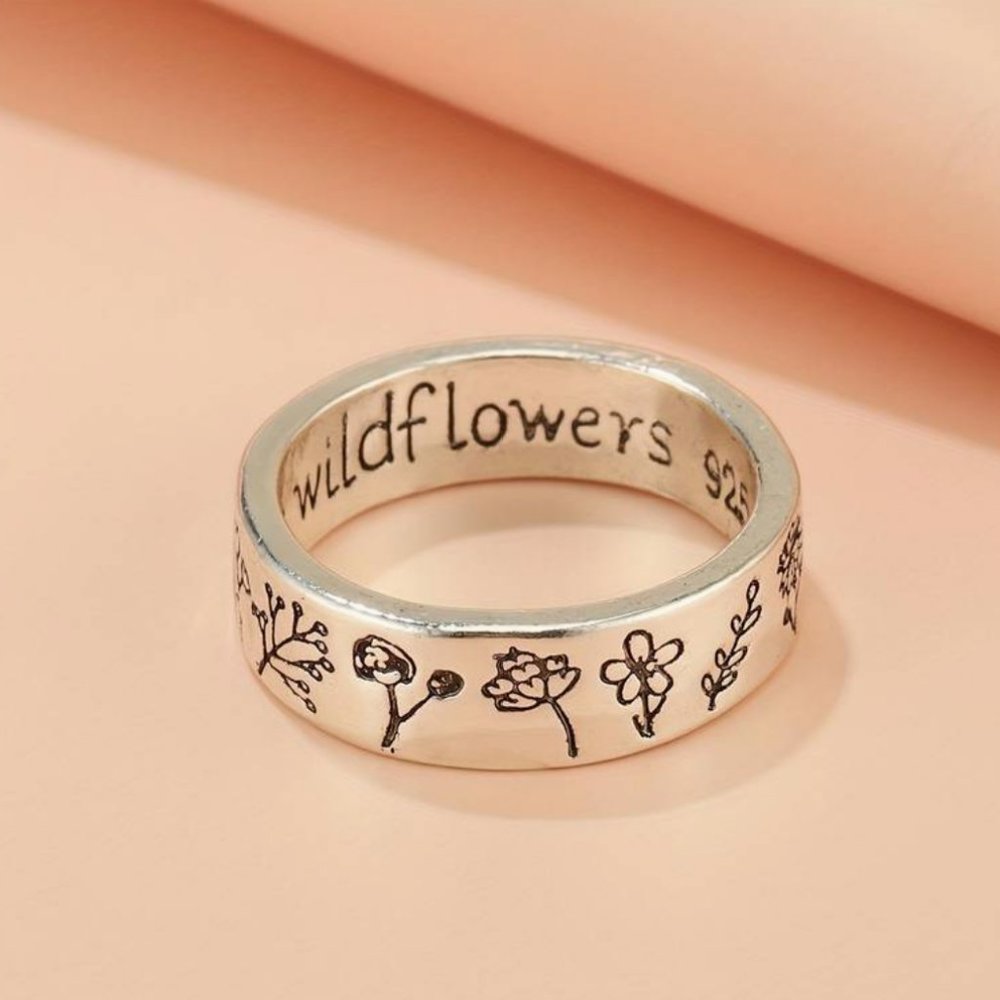 Boho Silver Carved Floral Inscribed "You Belong Among the Wildflowers" Ring NEW